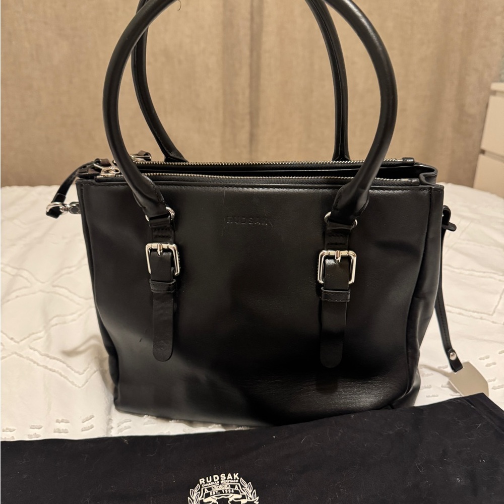 RUDSAK Black Leather Tote with Silver Buckles